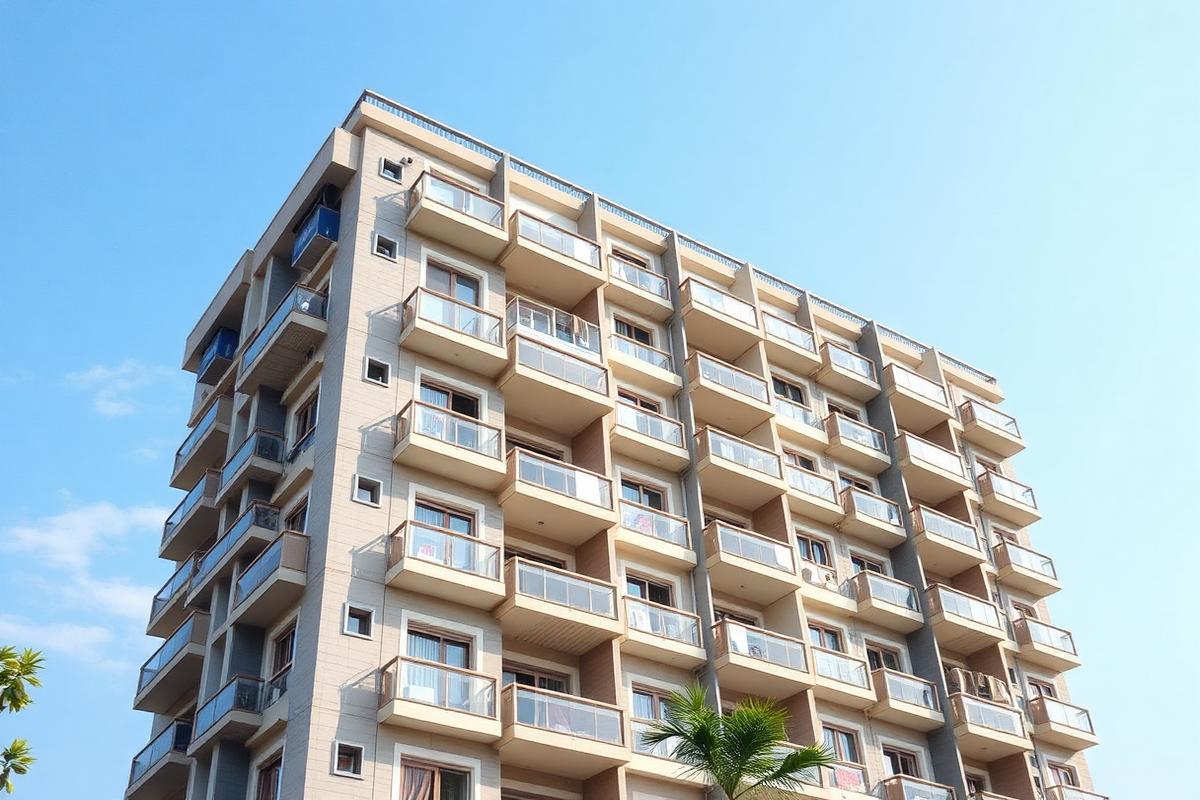 A multi-storey apartment block in Hyderabad with open balconies