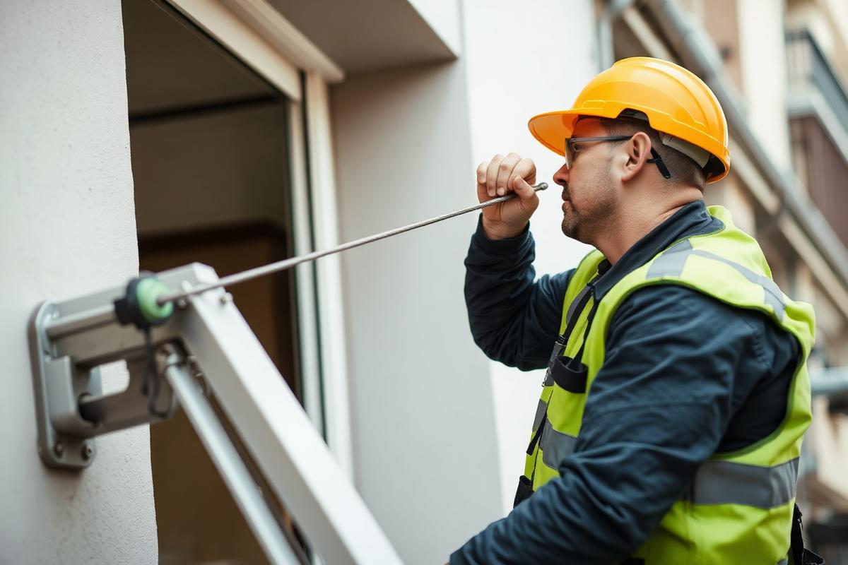 Worker fixing an invisible grill wire setup onto a window opening