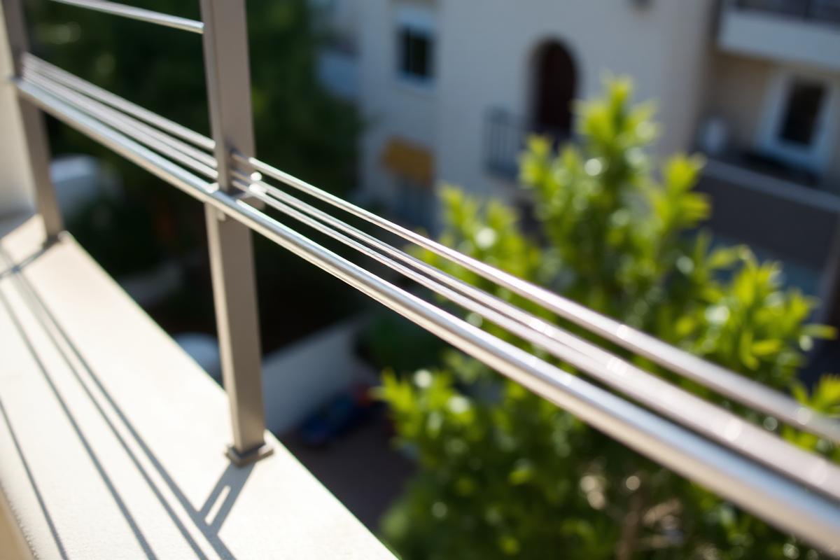 Close view of steel invisible grill wires running along a home balcony railing