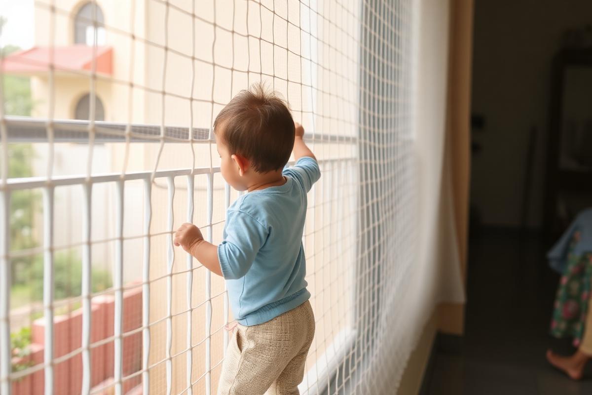 Toddler beside a balcony covered with fine children safety net mesh