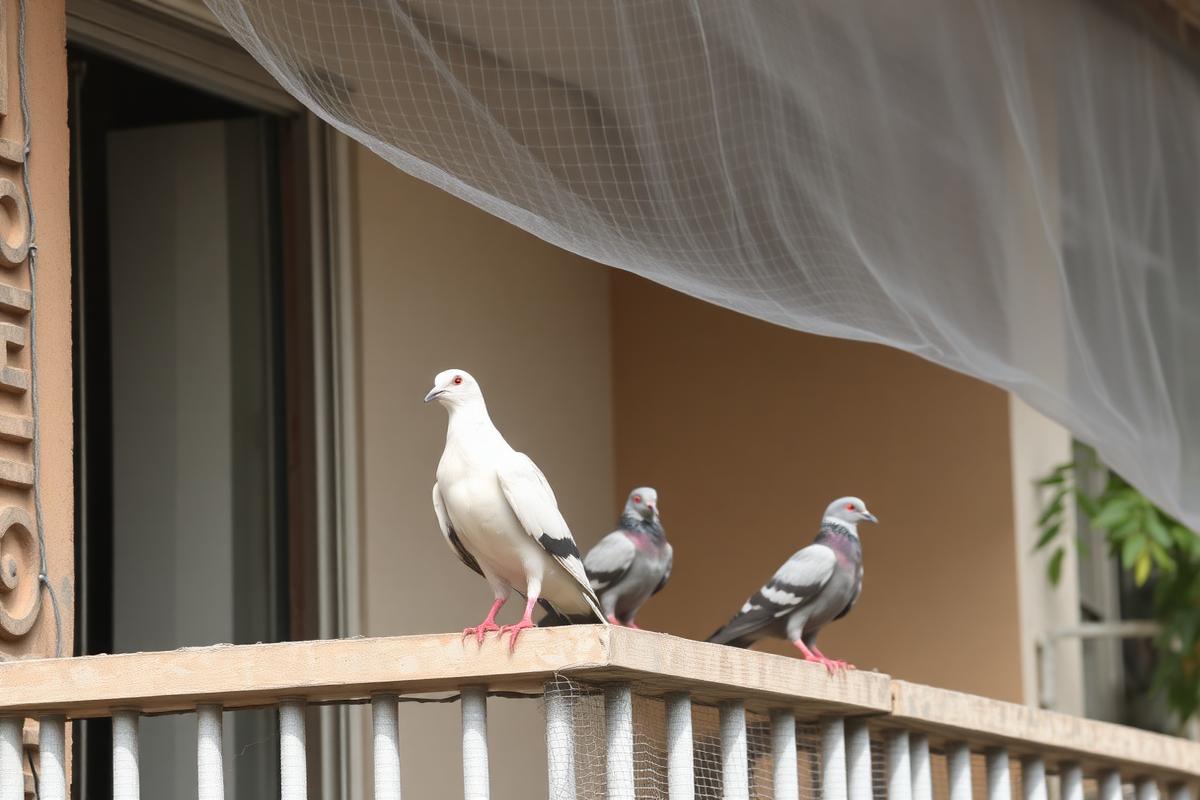 Pigeon net fitted over a balcony opening to keep birds away