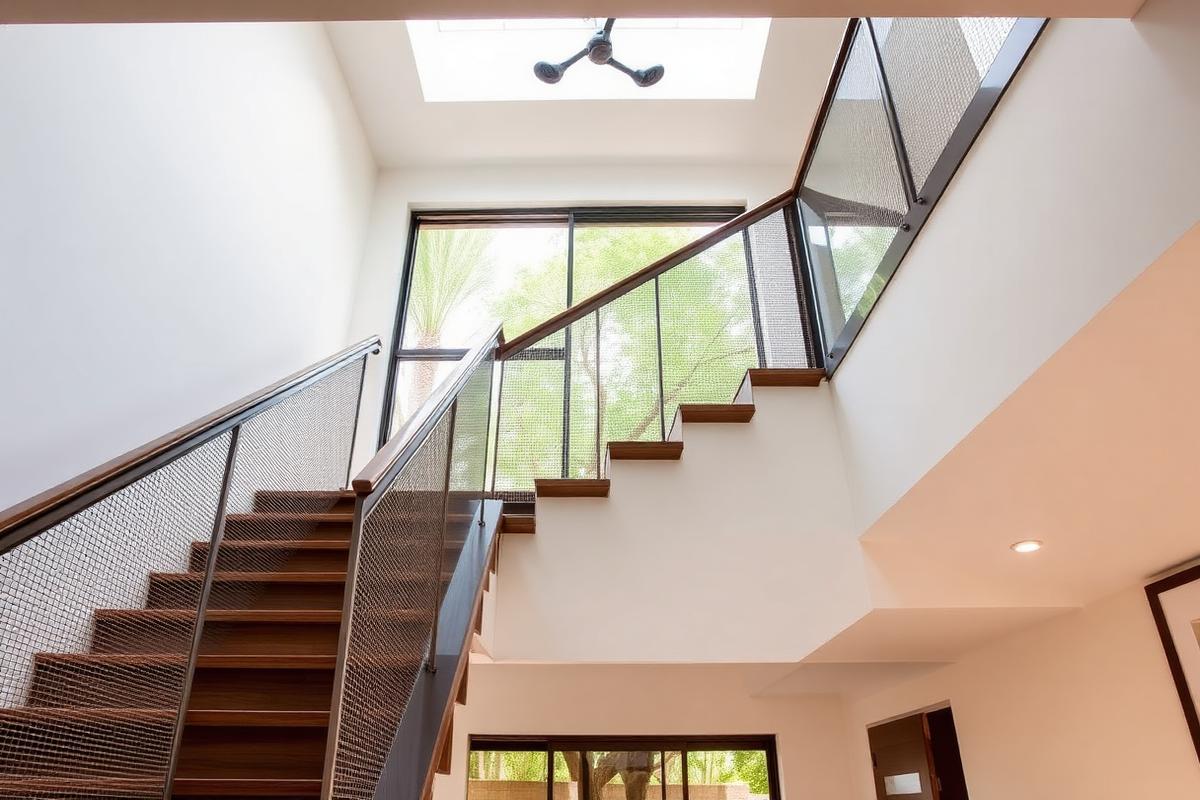 Open stairwell in a villa closed off using slim invisible grill wires